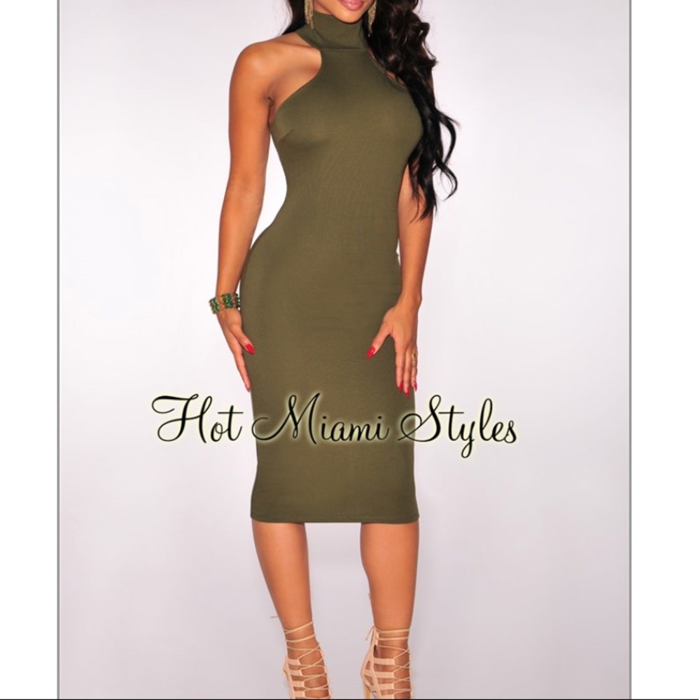 Olive mock neck key hole back dress